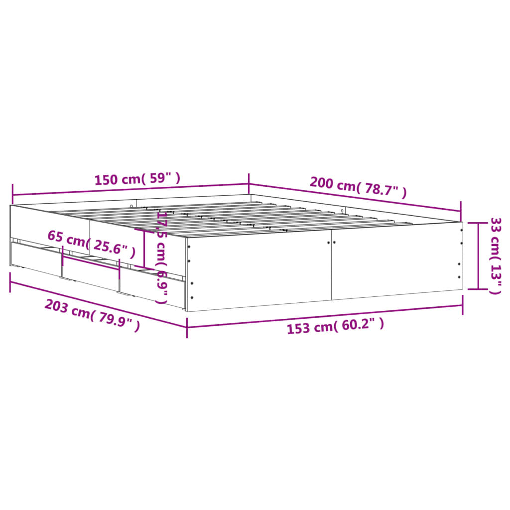 Bed Frame with Drawers Concrete Grey 150x200 cm King Size Engineered Wood