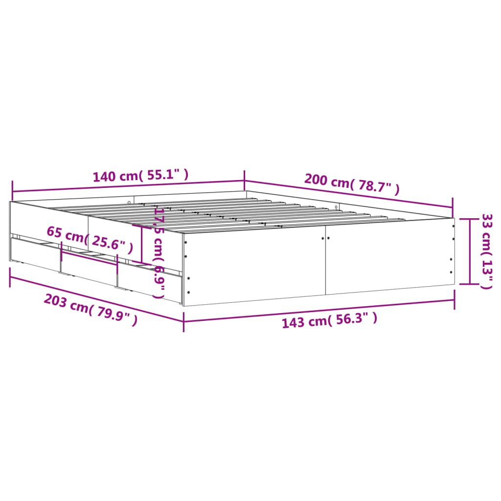 Bed Frame with Drawers Sonoma Oak 140x200 cm Engineered Wood