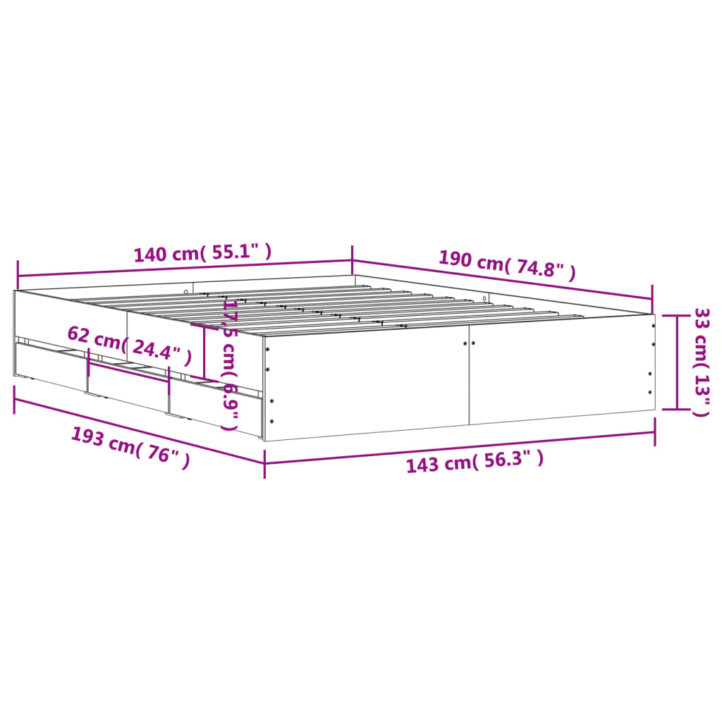 Bed Frame with Drawers without Mattress Concrete Grey 140x190 cm