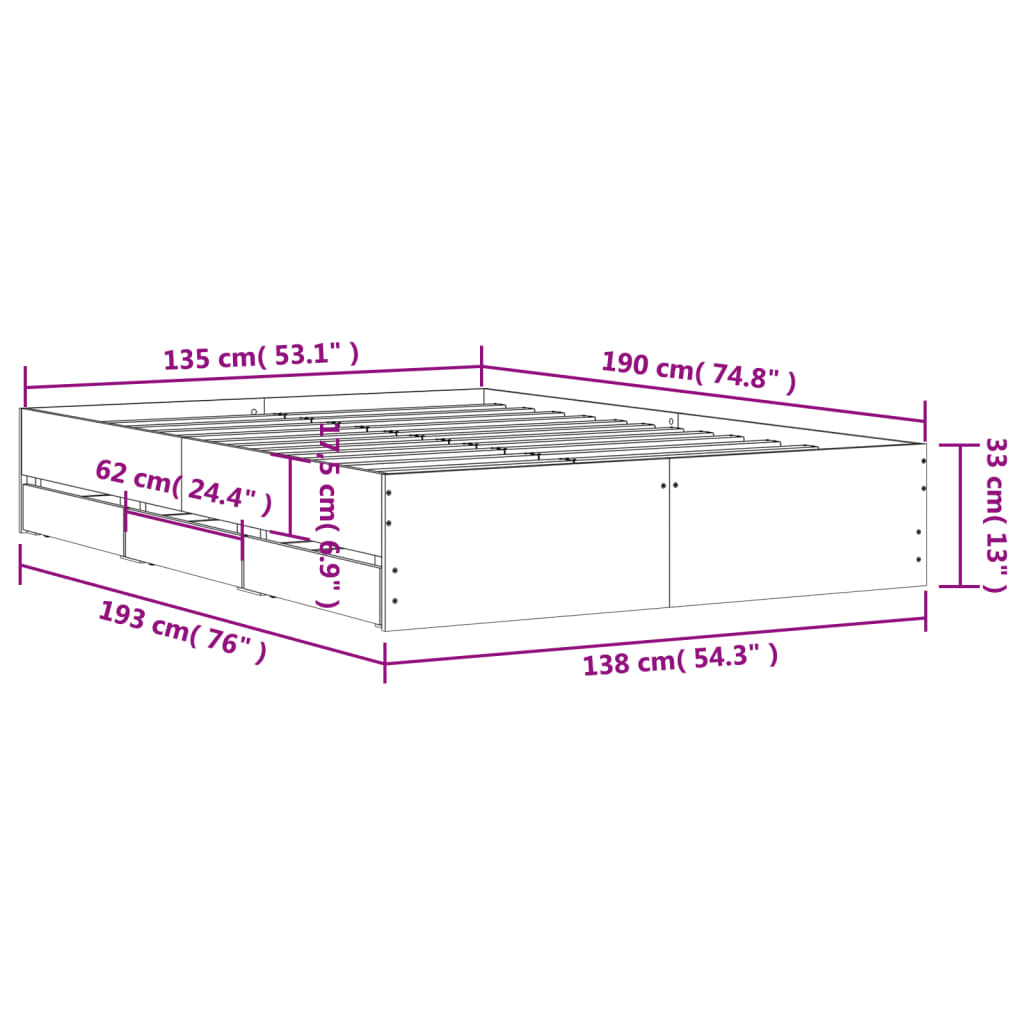 Bed Frame with Drawers Grey Sonoma 135x190 cm Double Engineered Wood