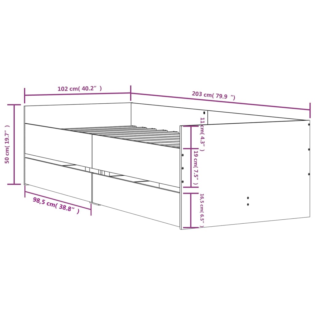 Bed Frame with Drawers without Mattress White 100x200 cm