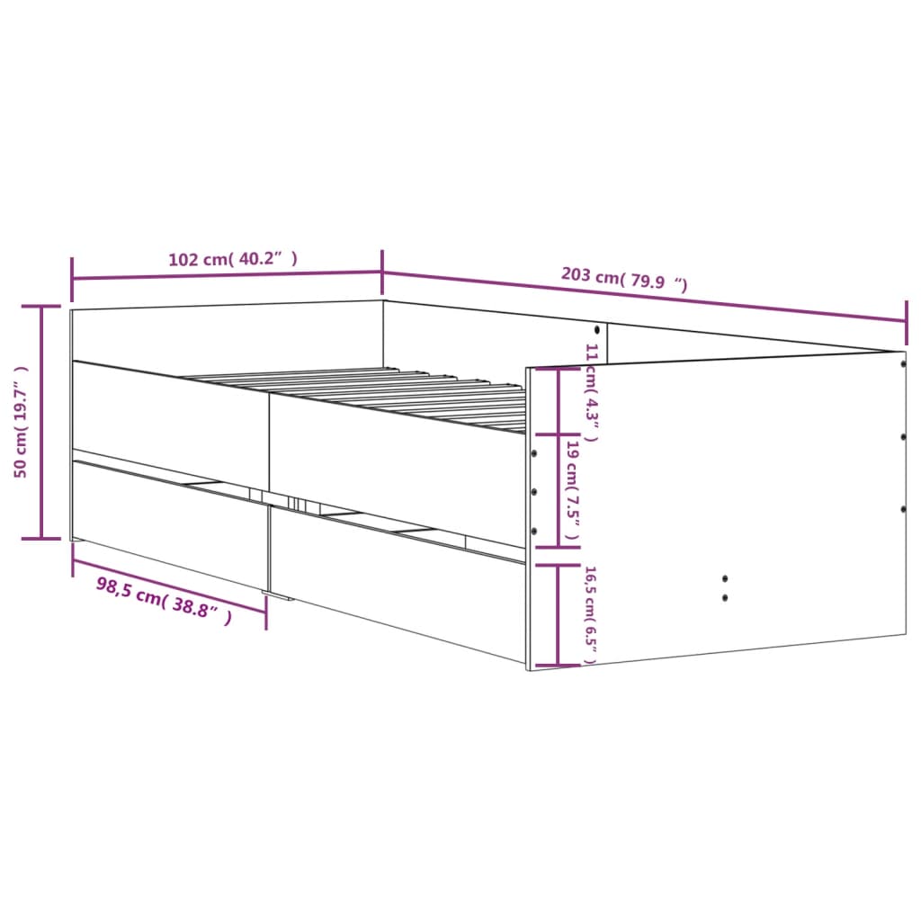 Bed Frame with Drawers Sonoma Oak 100x200 cm