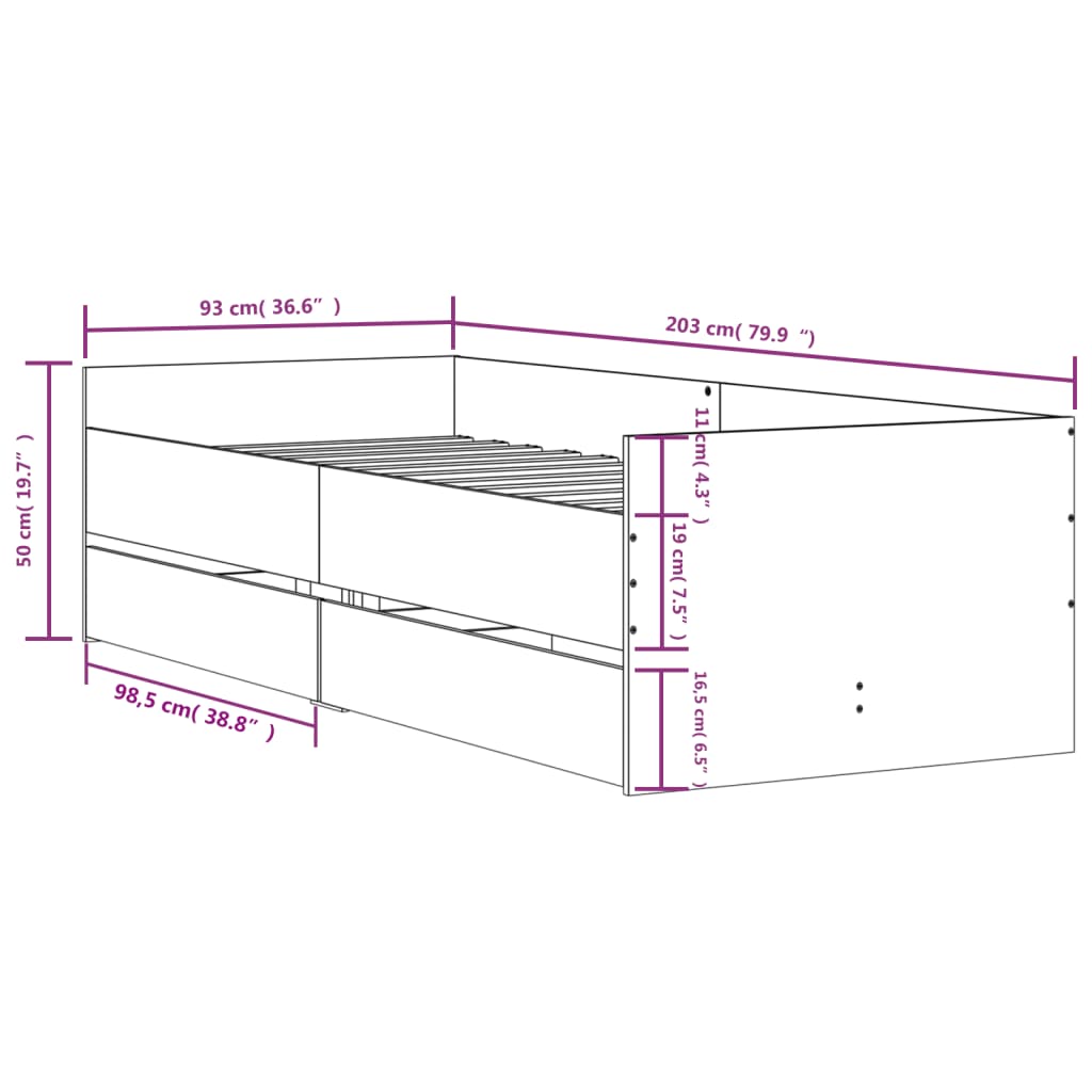 Bed Frame with Drawers without Mattress Black 90x200 cm