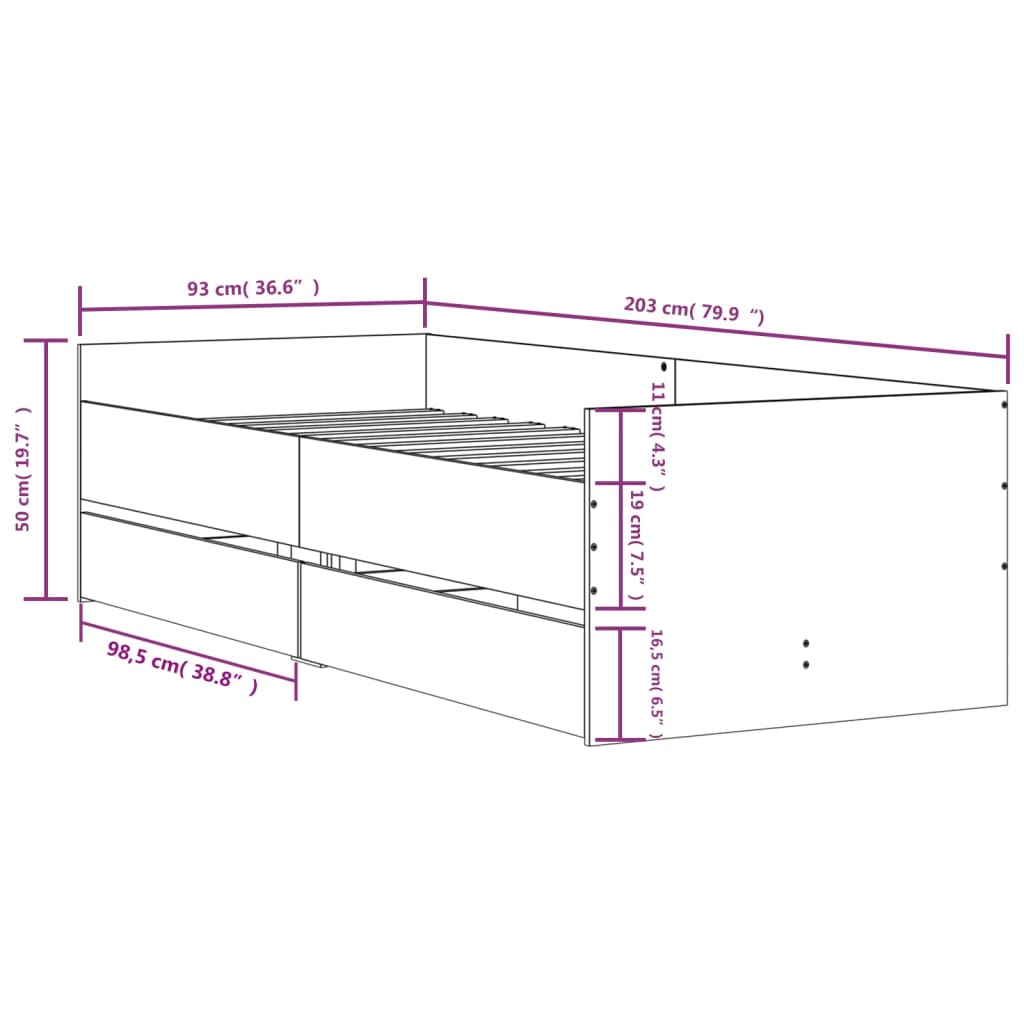 Bed Frame with Drawers Sonoma Oak 90x200 cm