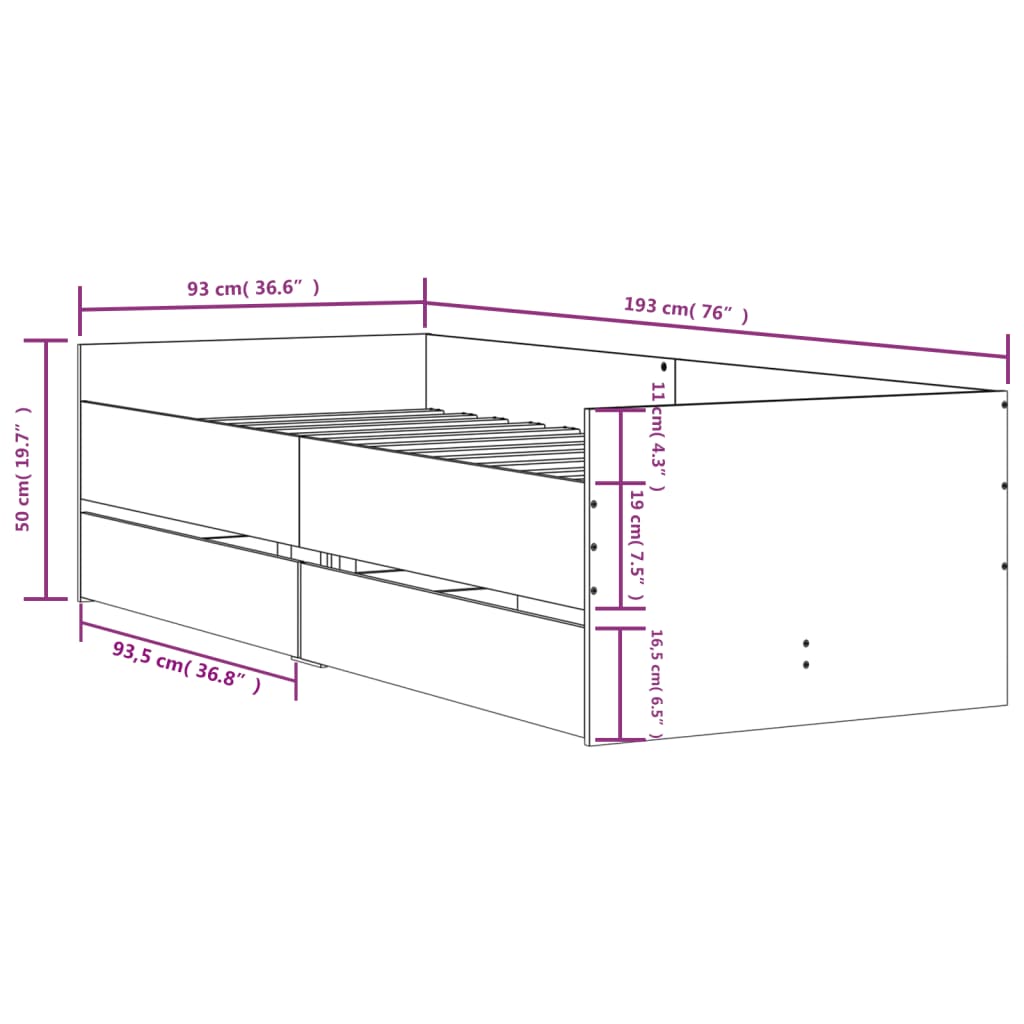 Bed Frame with Drawers without Mattress White 90x190 cm Single