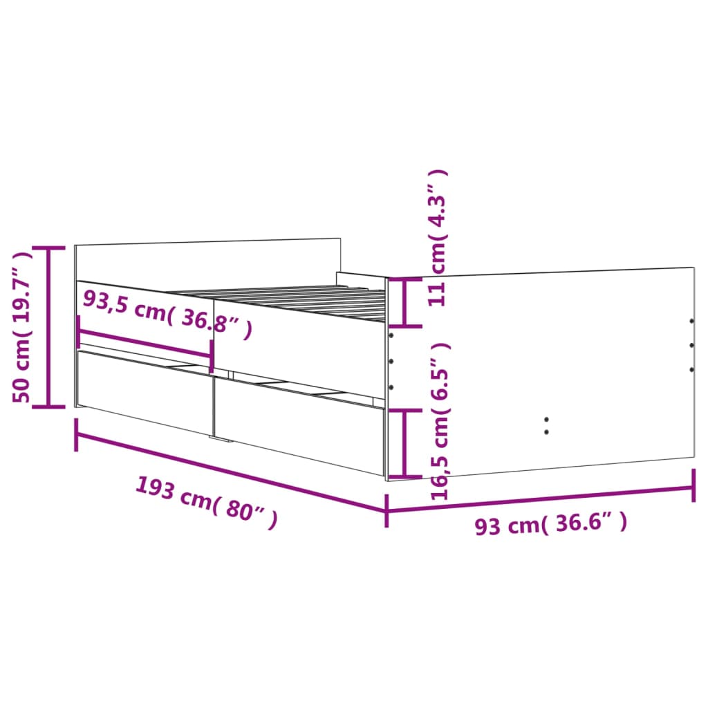 Bed Frame with Drawers without Mattress Black 90x190 cm Single