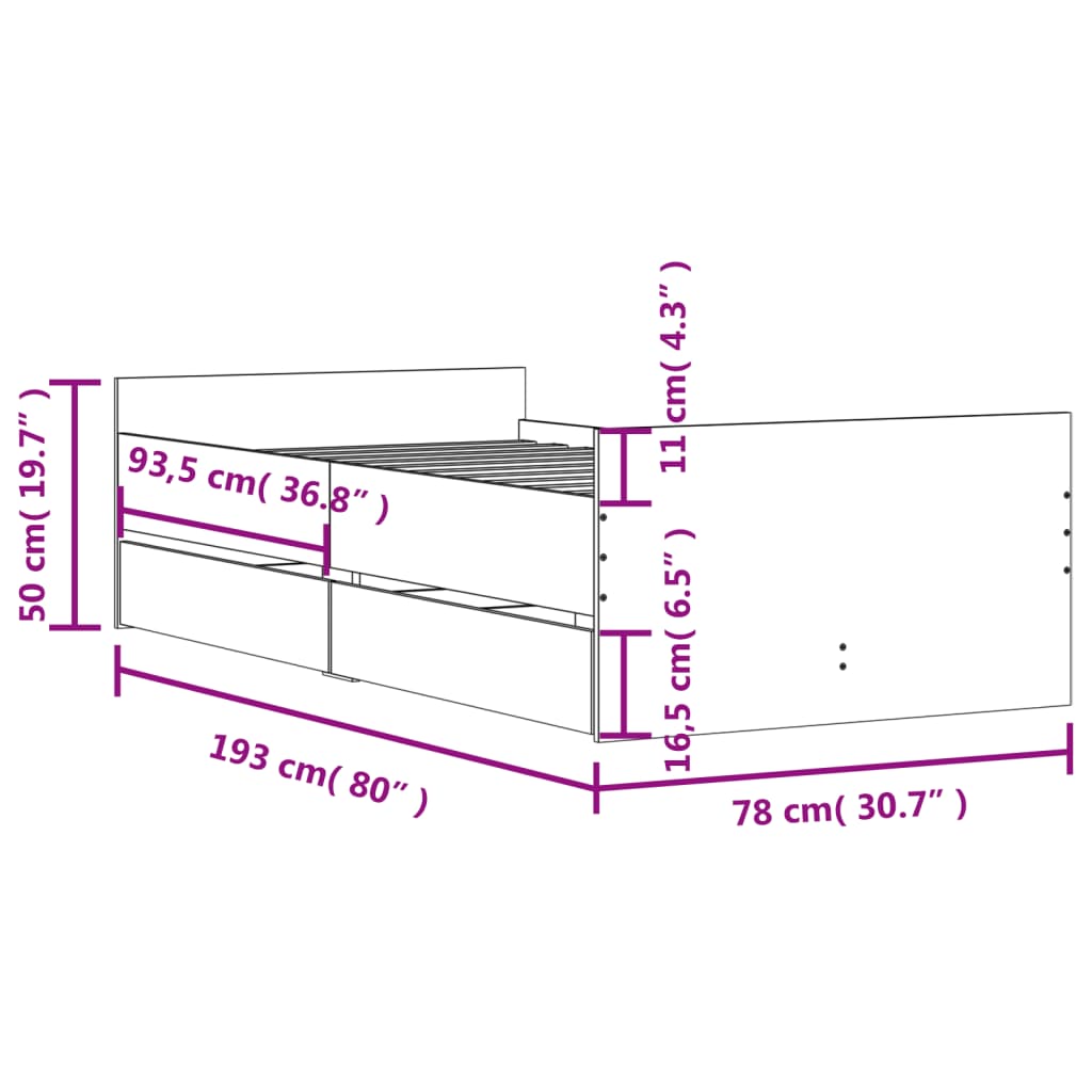 Bed Frame without Mattress Brown Oak 75x190 cm Small Single Small Single