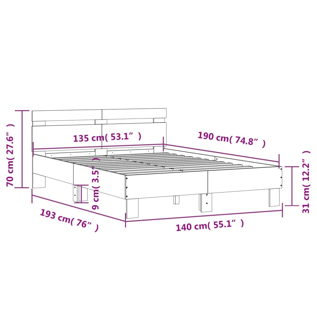 Bed Frame with Headboard White 135x190 cm Double Engineered Wood