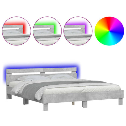 Bed Frame with Headboard and LED Concrete Grey 200x200 cm