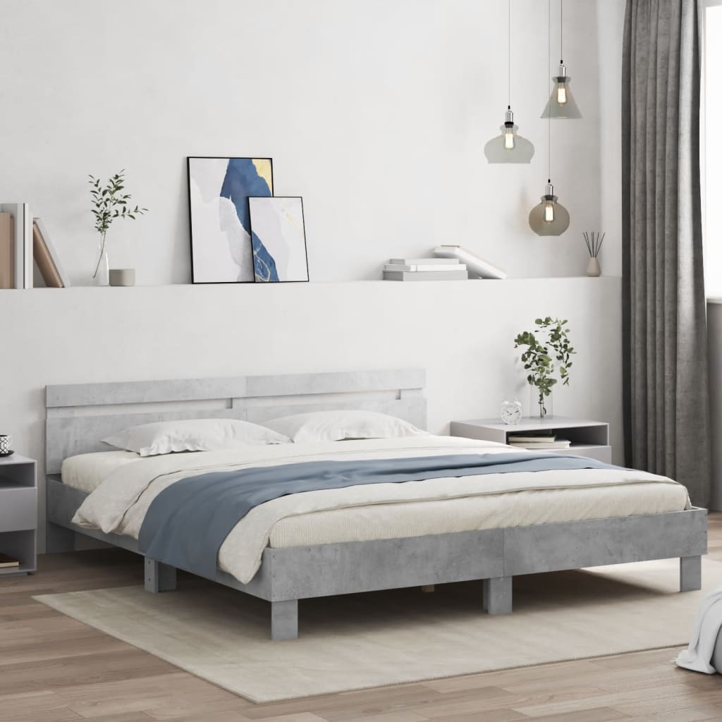 Bed Frame with Headboard and LED Concrete Grey 200x200 cm