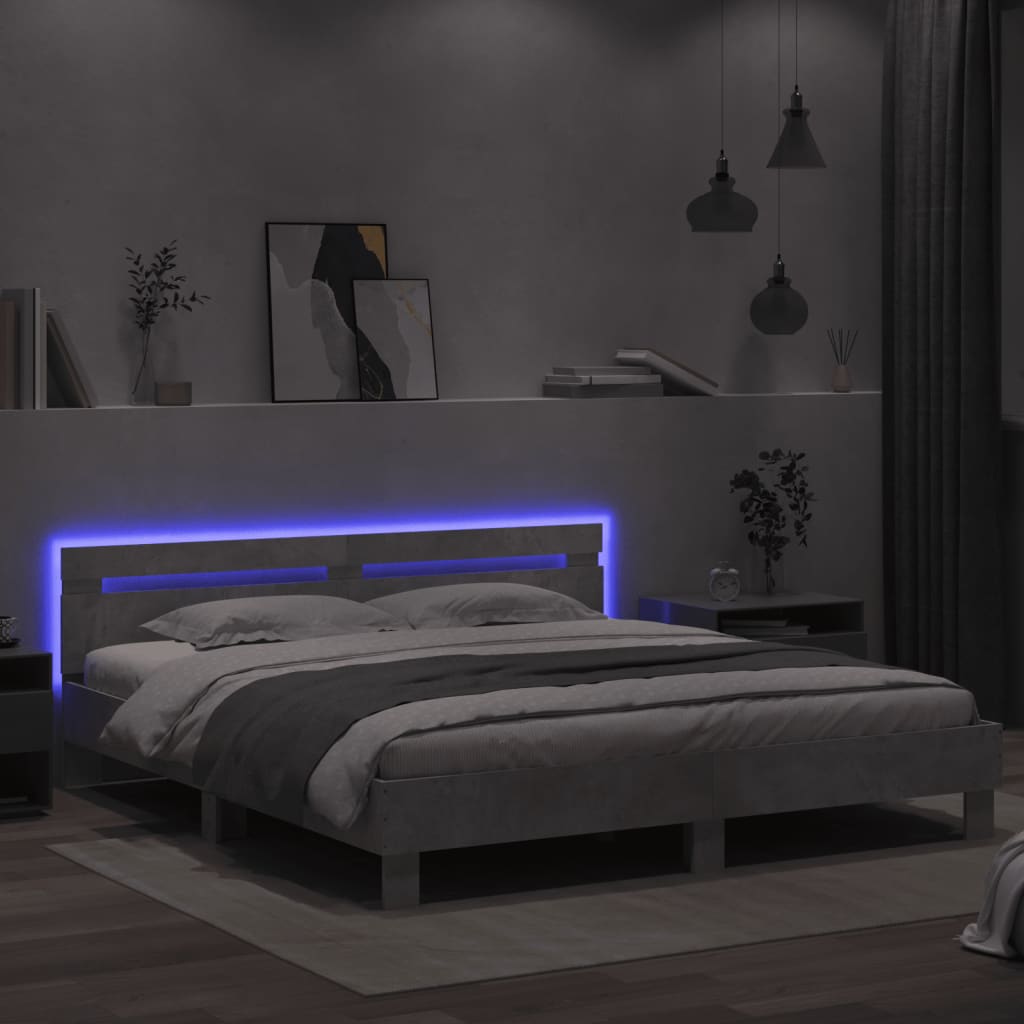 Bed Frame with Headboard and LED Concrete Grey 200x200 cm