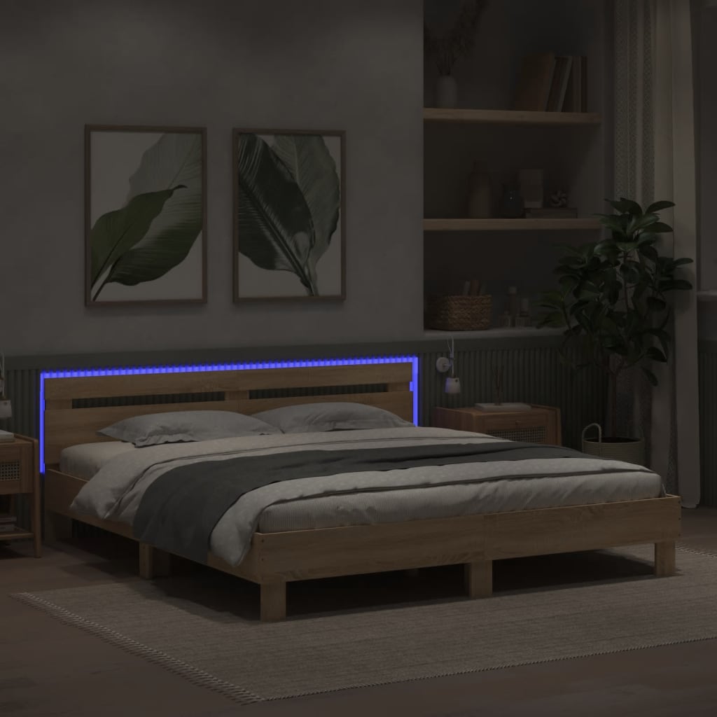 Bed Frame with Headboard and LED Sonoma Oak 180x200 cm Super King Size