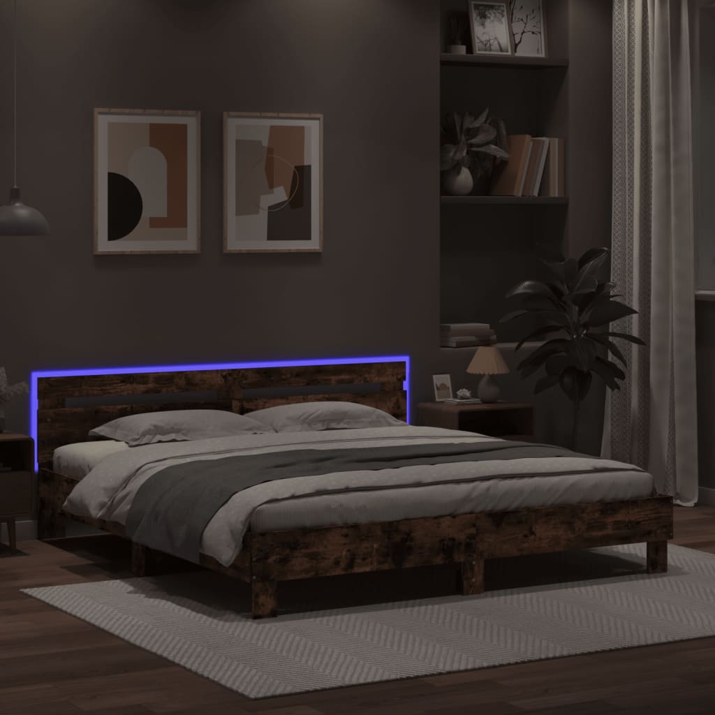 Bed Frame with LED without Mattress Smoked Oak 160x200 cm