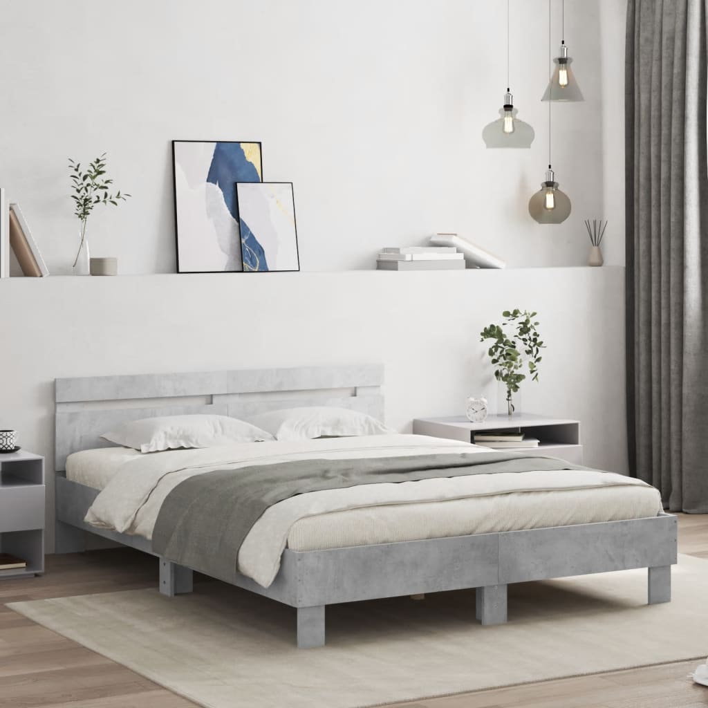 Bed Frame with Headboard and LED Concrete Grey 150x200 cm King Size