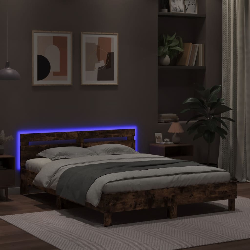 Bed Frame with LED without Mattress Smoked Oak 150x200 cm King Size