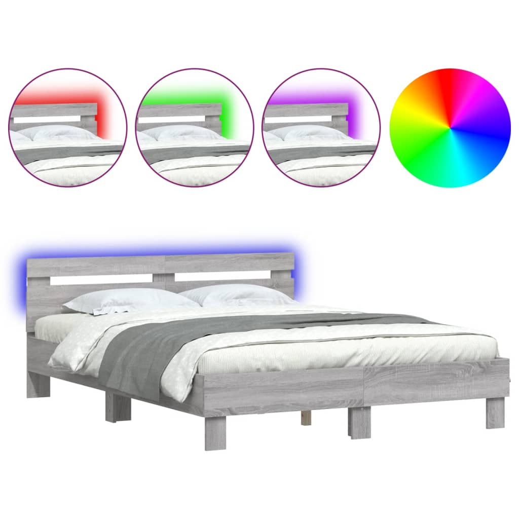 Bed Frame with Headboard and LED Grey Sonoma 150x200 cm King Size