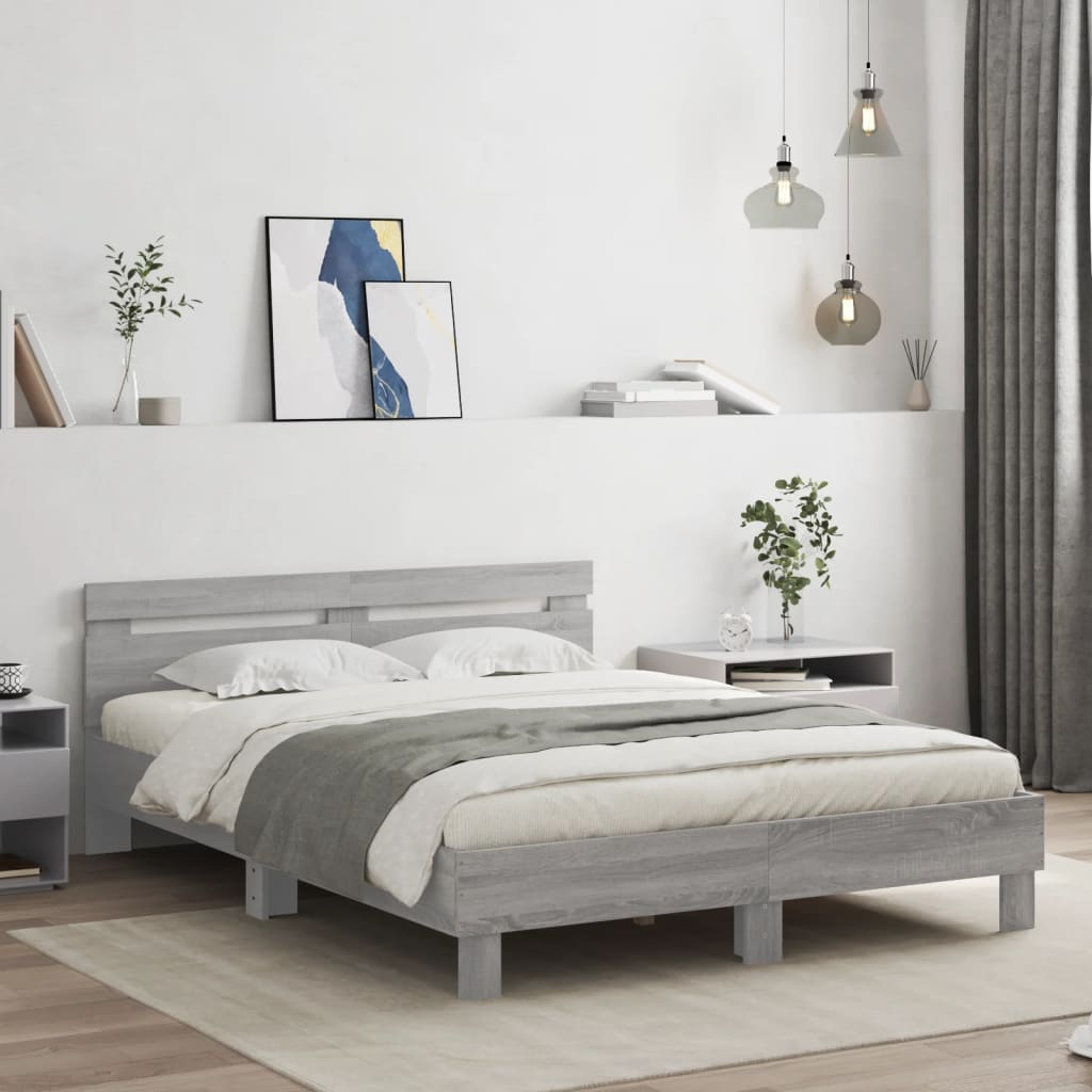 Bed Frame with Headboard and LED Grey Sonoma 150x200 cm King Size