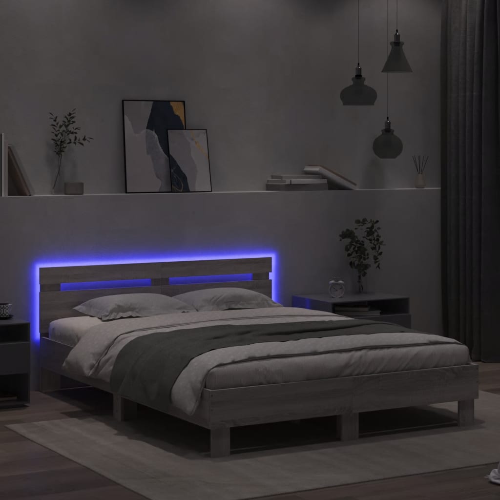 Bed Frame with Headboard and LED Grey Sonoma 150x200 cm King Size