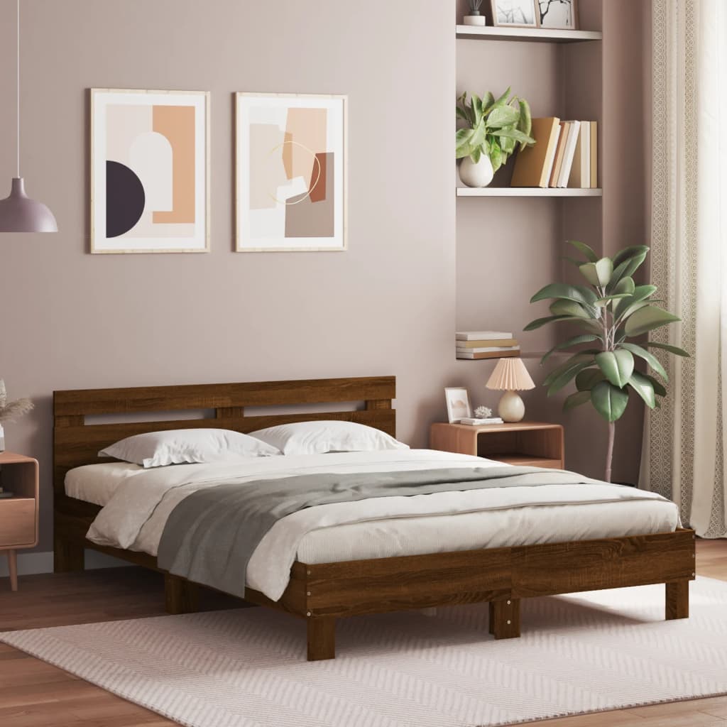 Bed Frame with Headboard and LED Brown Oak 150x200 cm King Size