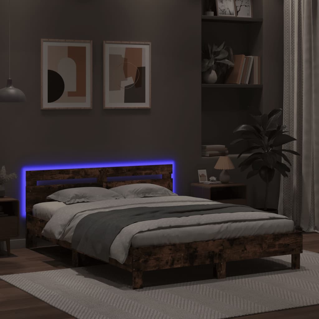 Bed Frame with Headboard and LED Brown Oak 150x200 cm King Size