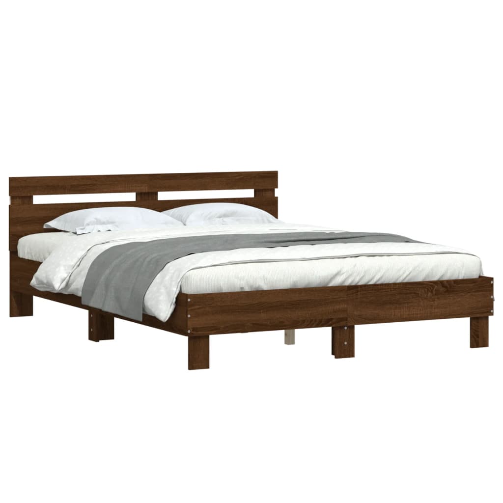 Bed Frame with Headboard and LED Brown Oak 150x200 cm King Size