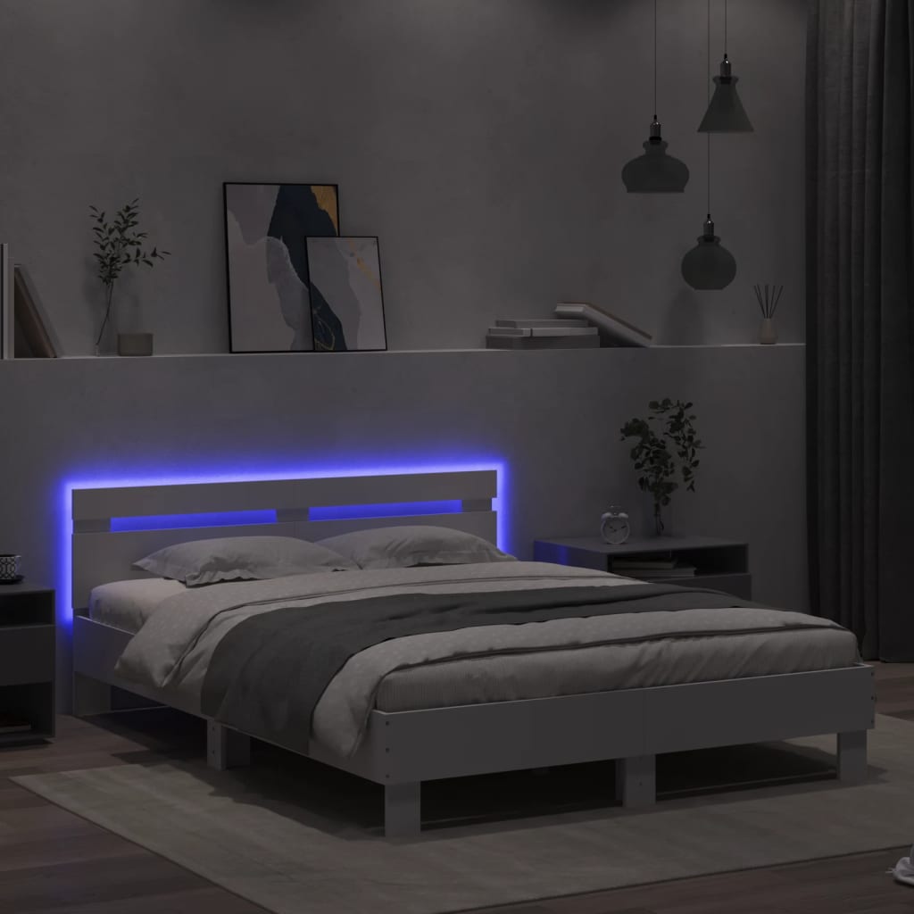 Bed Frame with Headboard and LED White 140x200 cm