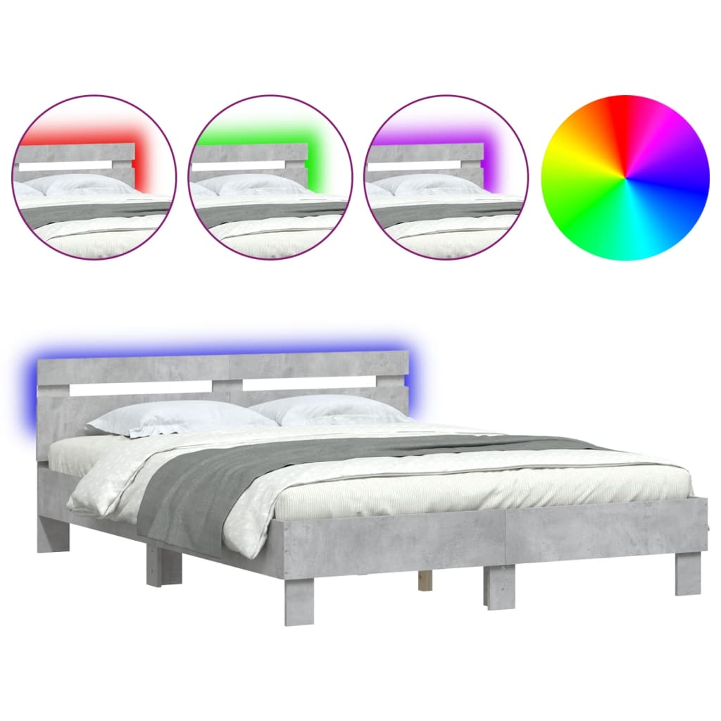 Bed Frame with LED without Mattress Concrete Grey 140x200 cm