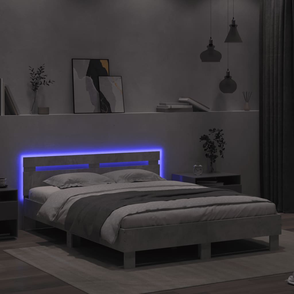 Bed Frame with LED without Mattress Concrete Grey 140x200 cm