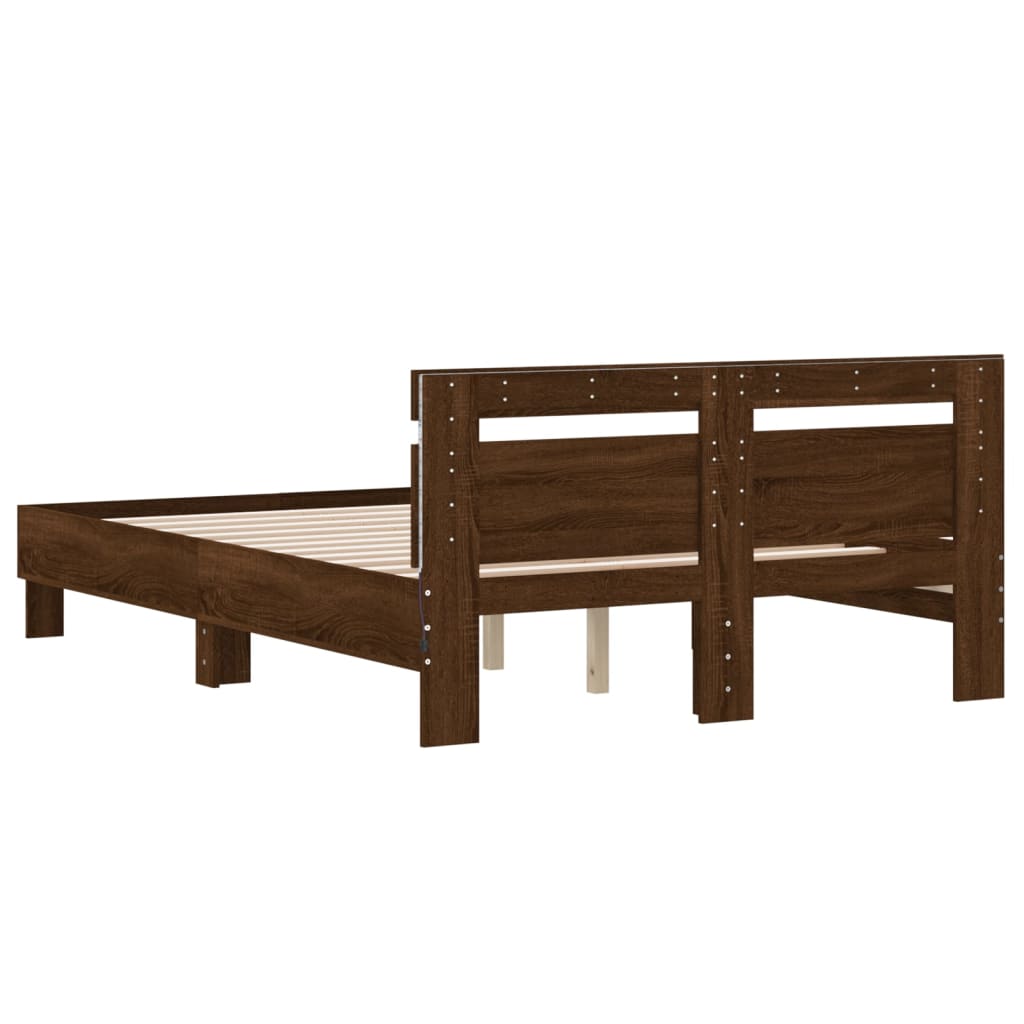 Bed Frame with Headboard and LED Brown Oak 120x200 cm