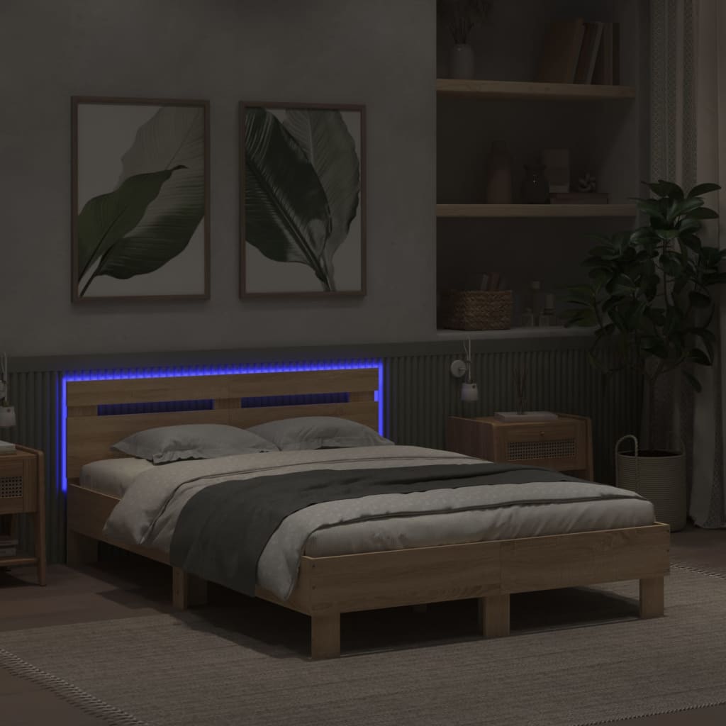 Bed Frame with Headboard and LED Sonoma Oak 135x190 cm Double