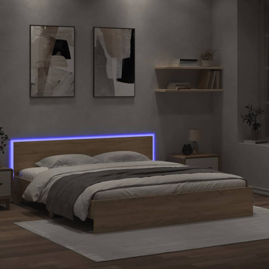 Bed Frame with Headboard and LED Sonoma Oak 200x200 cm