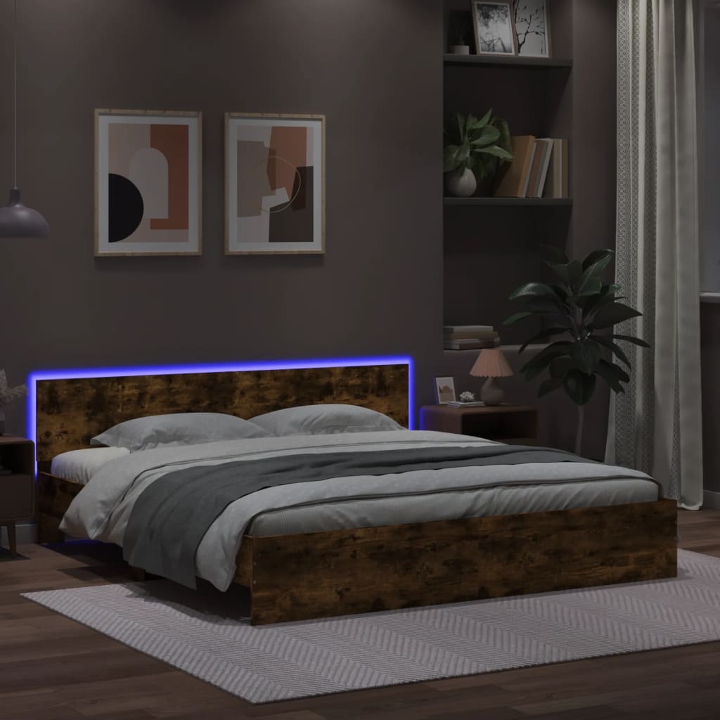 Bed Frame with LED without Mattress Smoked Oak 200x200 cm