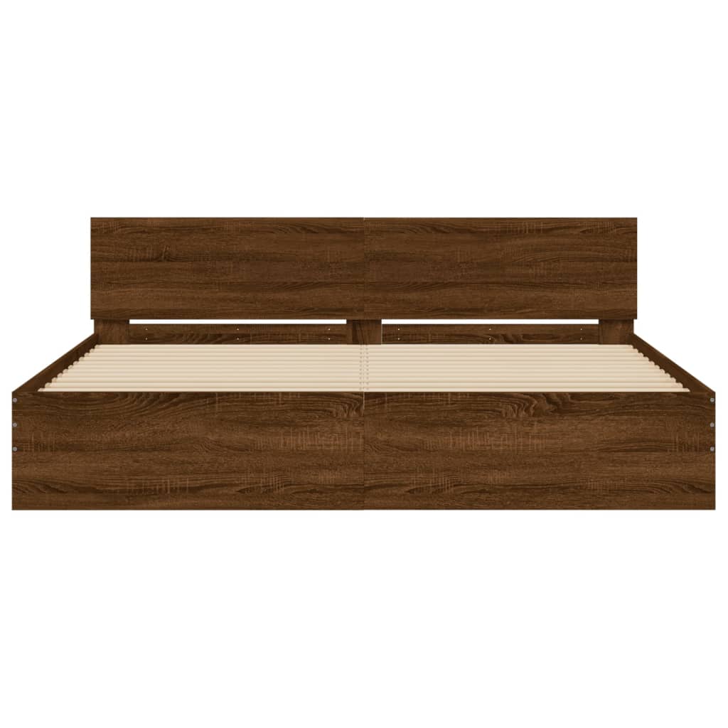 Bed Frame with Headboard and LED Brown Oak 200x200 cm