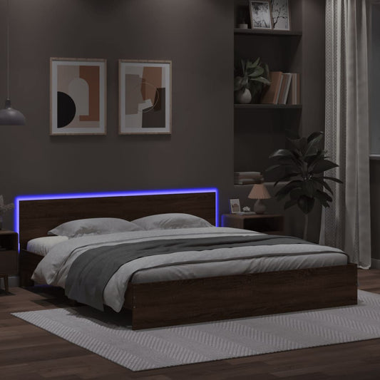 Bed Frame with Headboard and LED Brown Oak 200x200 cm