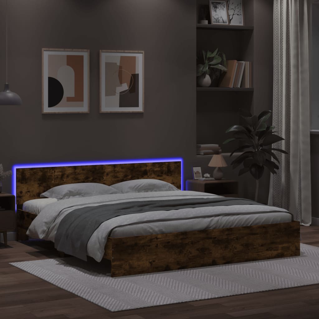 Bed Frame with Headboard and LED Smoked Oak 180x200 cm Super King Size