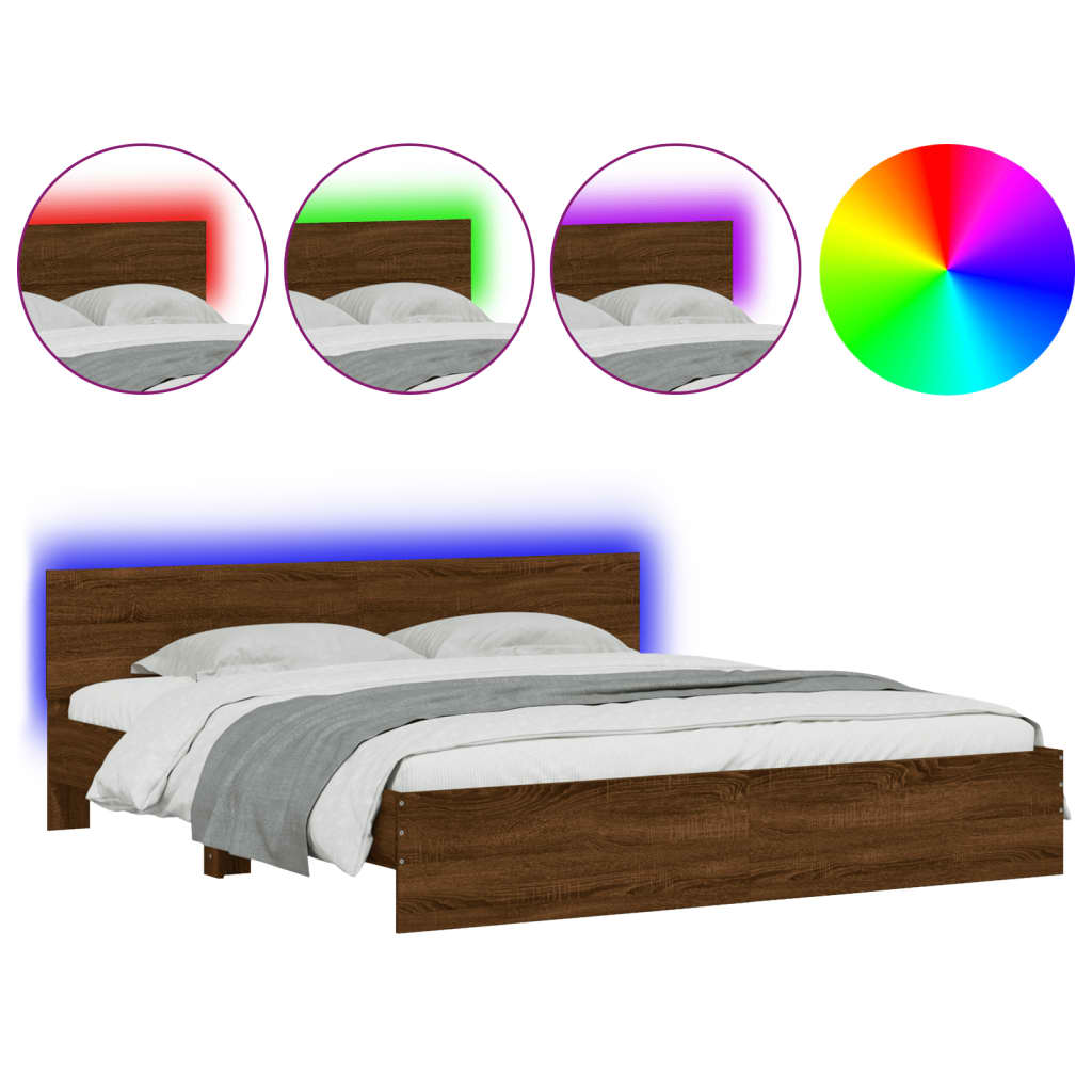 Bed Frame with LED without Mattress Brown Oak 180x200 cm Super King