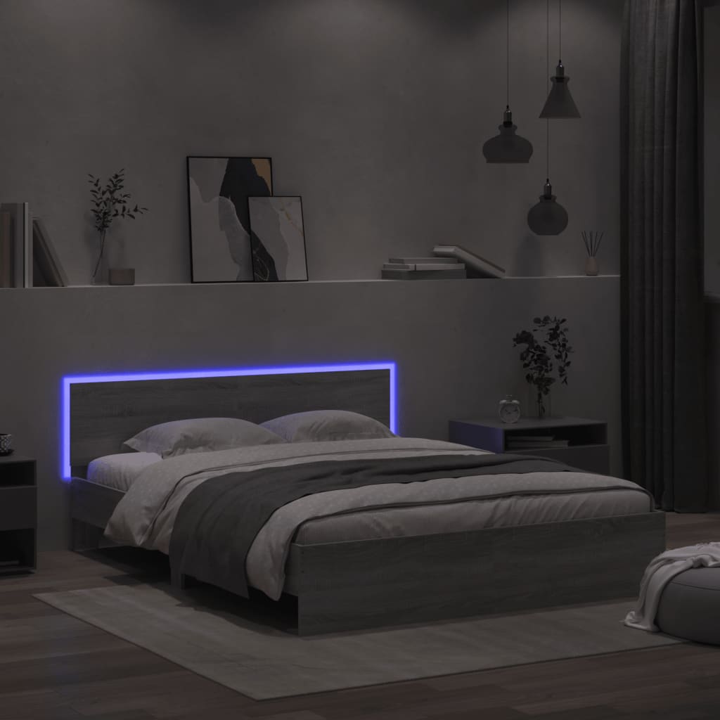 Bed Frame with Headboard and LED Grey Sonoma 160x200 cm