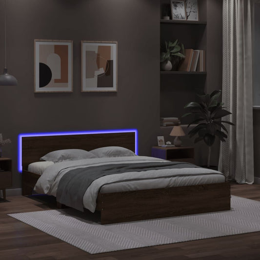 Bed Frame with Headboard and LED Brown Oak 160x200 cm