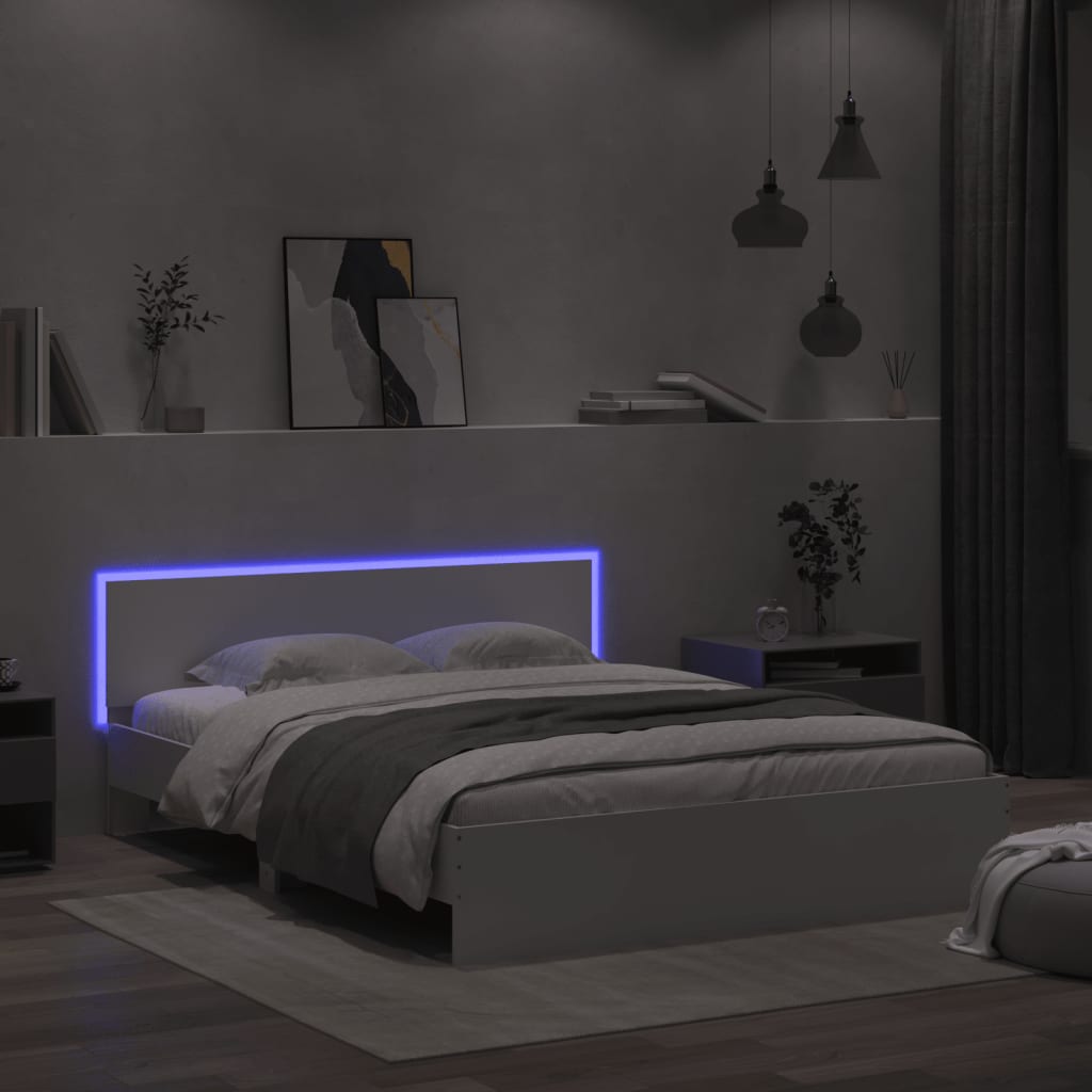 Bed Frame with Headboard and LED White 150x200 cm King Size