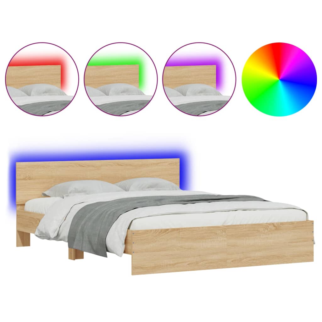 Bed Frame with Headboard and LED Sonoma Oak 150x200 cm King Size