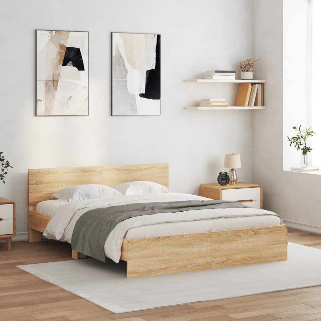 Bed Frame with Headboard and LED Sonoma Oak 150x200 cm King Size