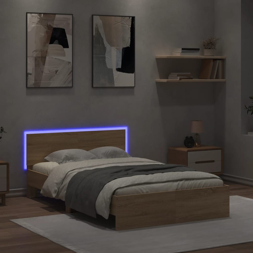 Bed Frame with Headboard and LED Sonoma Oak 135x190 cm Double