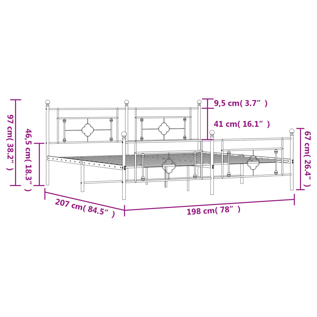 Metal Bed Frame with Headboard and Footboard Black 193x203 cm