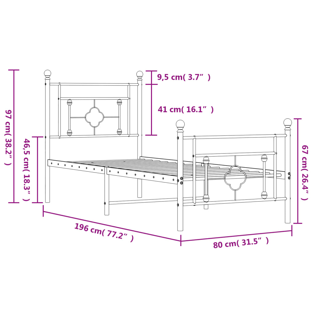 Metal Bed Frame without Mattress with Footboard White 75x190 cm Small Single