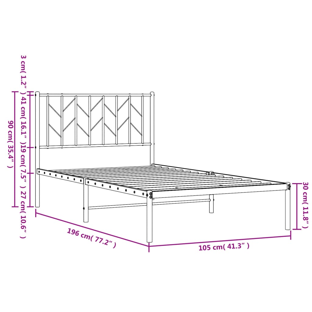 Metal Bed Frame without Mattress with Headboard Black 100x190 cm