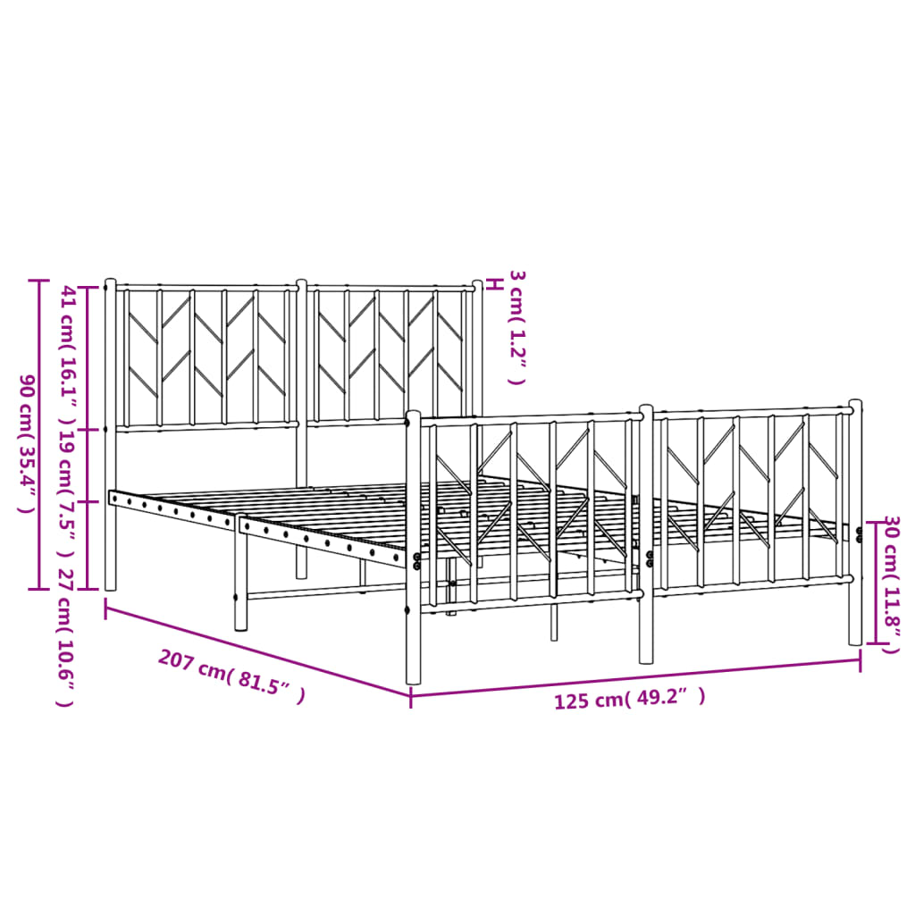 Metal Bed Frame with Headboard and Footboard White 120x200 cm