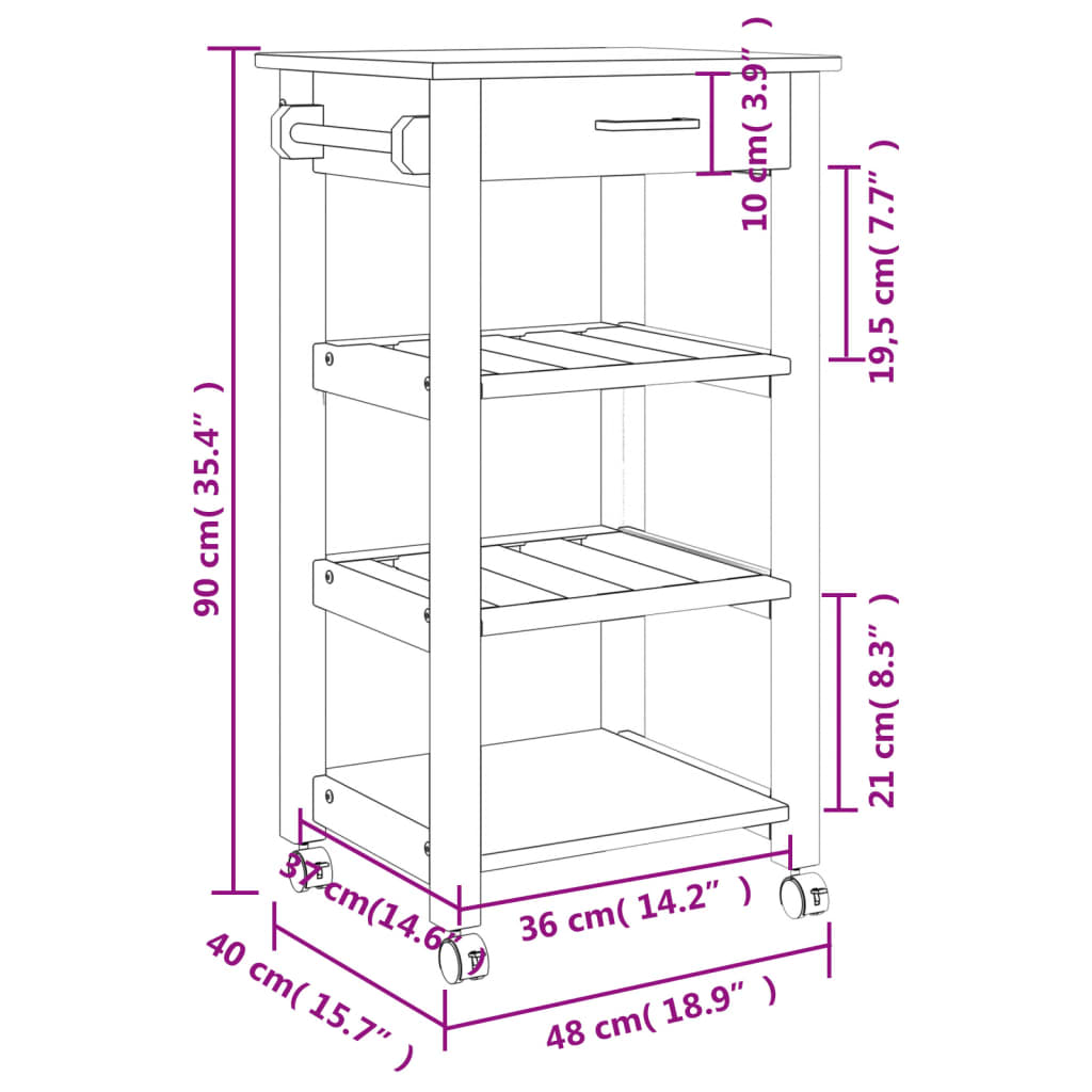 Kitchen Trolley MONZA 48x40x90 cm Solid Wood Pine