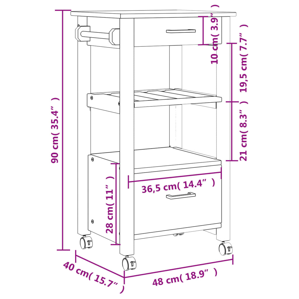 Kitchen Trolley MONZA 48x40x90 cm Solid Wood Pine