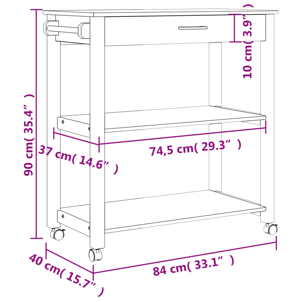 Kitchen Trolley MONZA 84x40x90 cm Solid Wood Pine