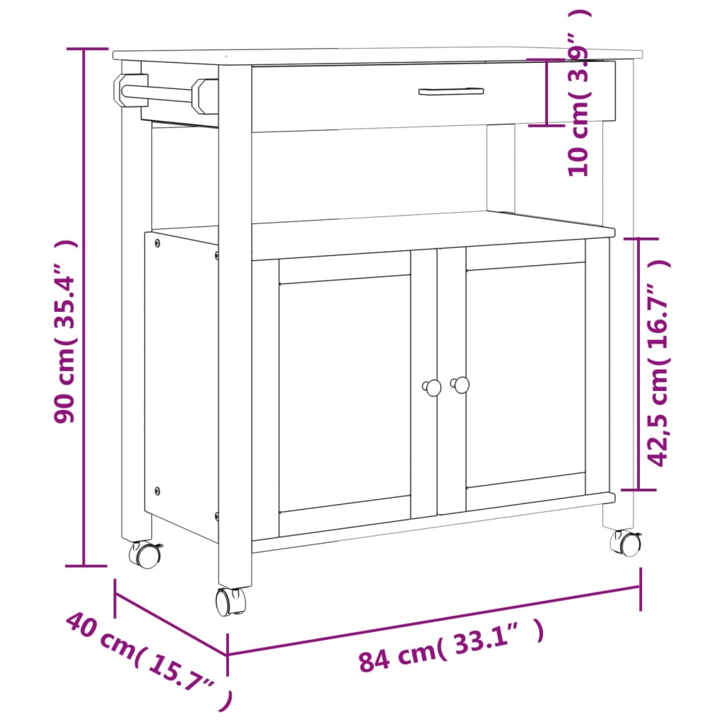 Kitchen Trolley MONZA 84x40x90 cm Solid Wood Pine